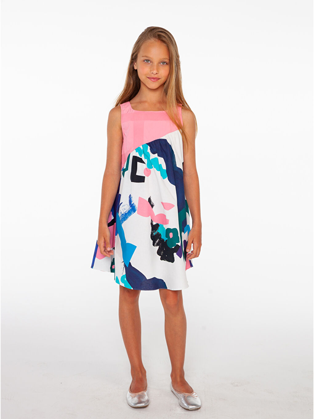Karışık Kolsuz Rahat Kalıp Kız Çocuk Elbise