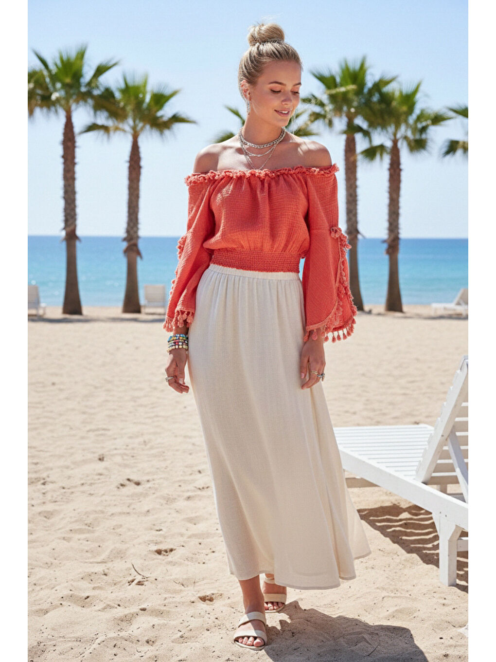 Kahverengi Mercan Carmen Yaka İspanyol Kol Püsküllü Casual Müslin Crop Dokuma Bluz 40 50-3