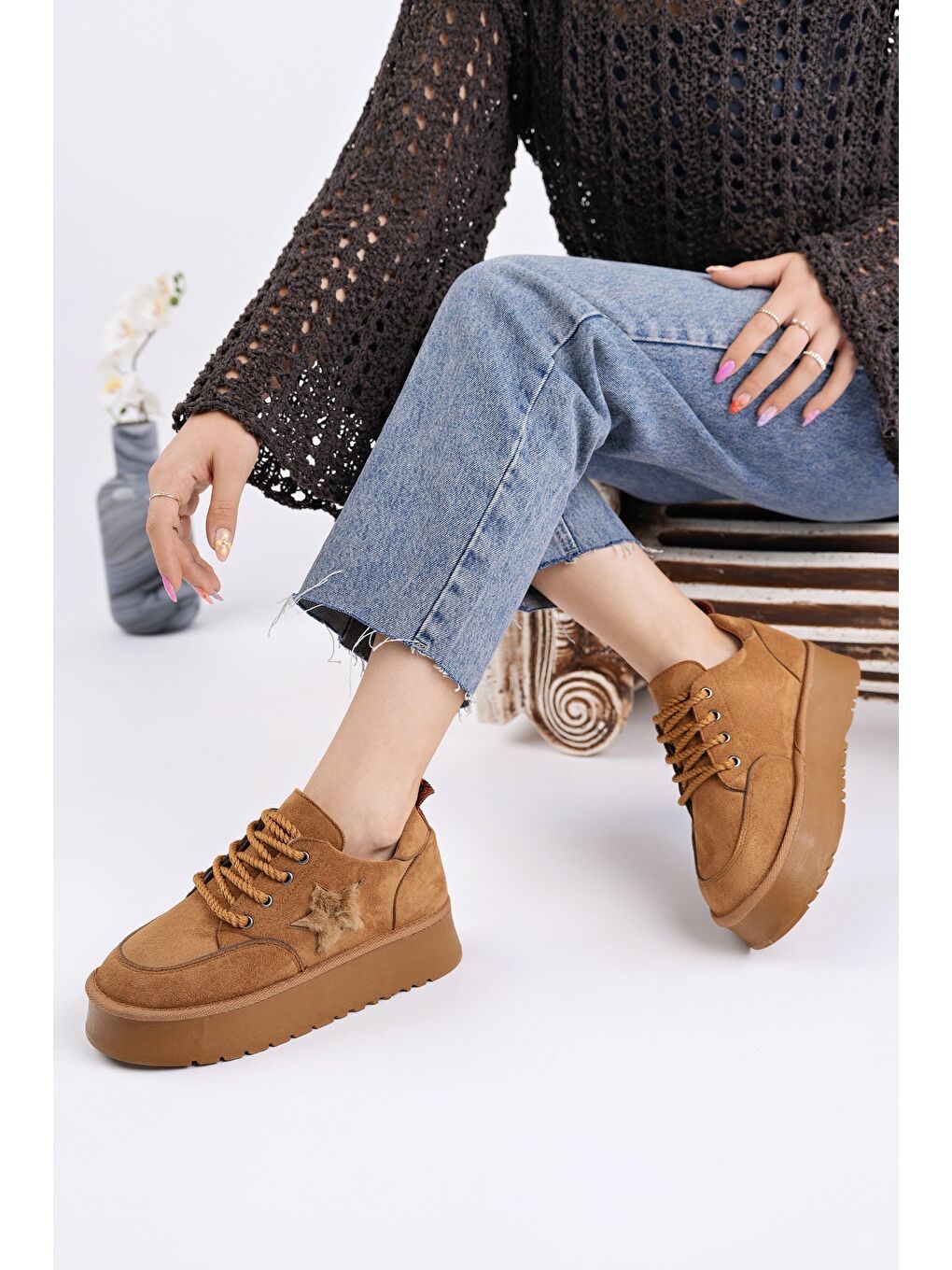 Kahverengi KOZMOS Kalın Taban Bağcıklı Yıldız Detaylı Kadın Kışlık Sneaker Spor Ayakkabı-6