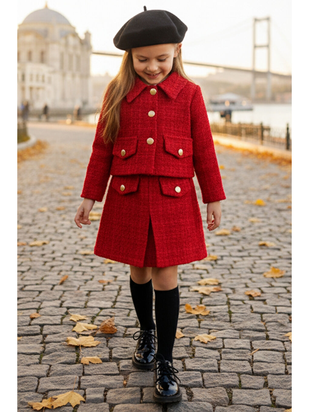 Kız Çocuk Carmen Kırmızı Tüvit Uzun Kollu Düğmeli Etek Ceket Takım