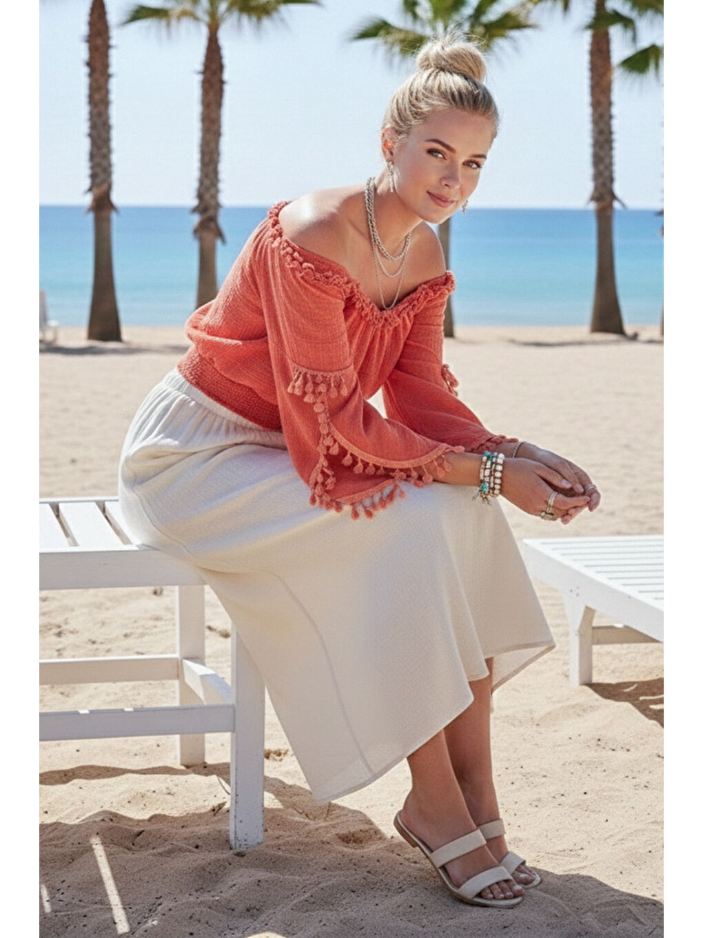 Kahverengi Mercan Carmen Yaka İspanyol Kol Püsküllü Casual Müslin Crop Dokuma Bluz 40 50-4