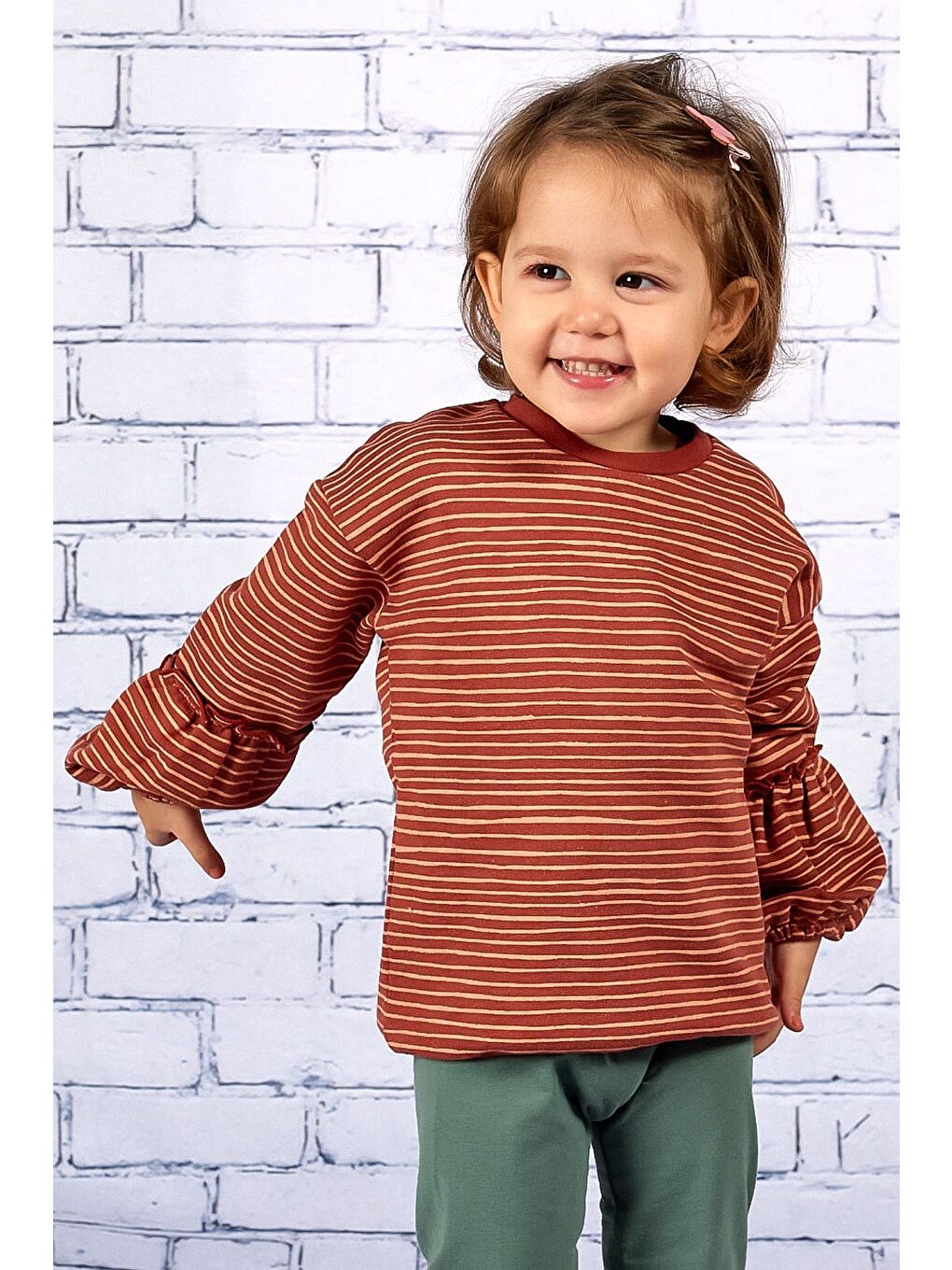 Bordo Kız Çocuk Çizgili Kolu Büzgülü Sweatshirt (2-7Yaş)