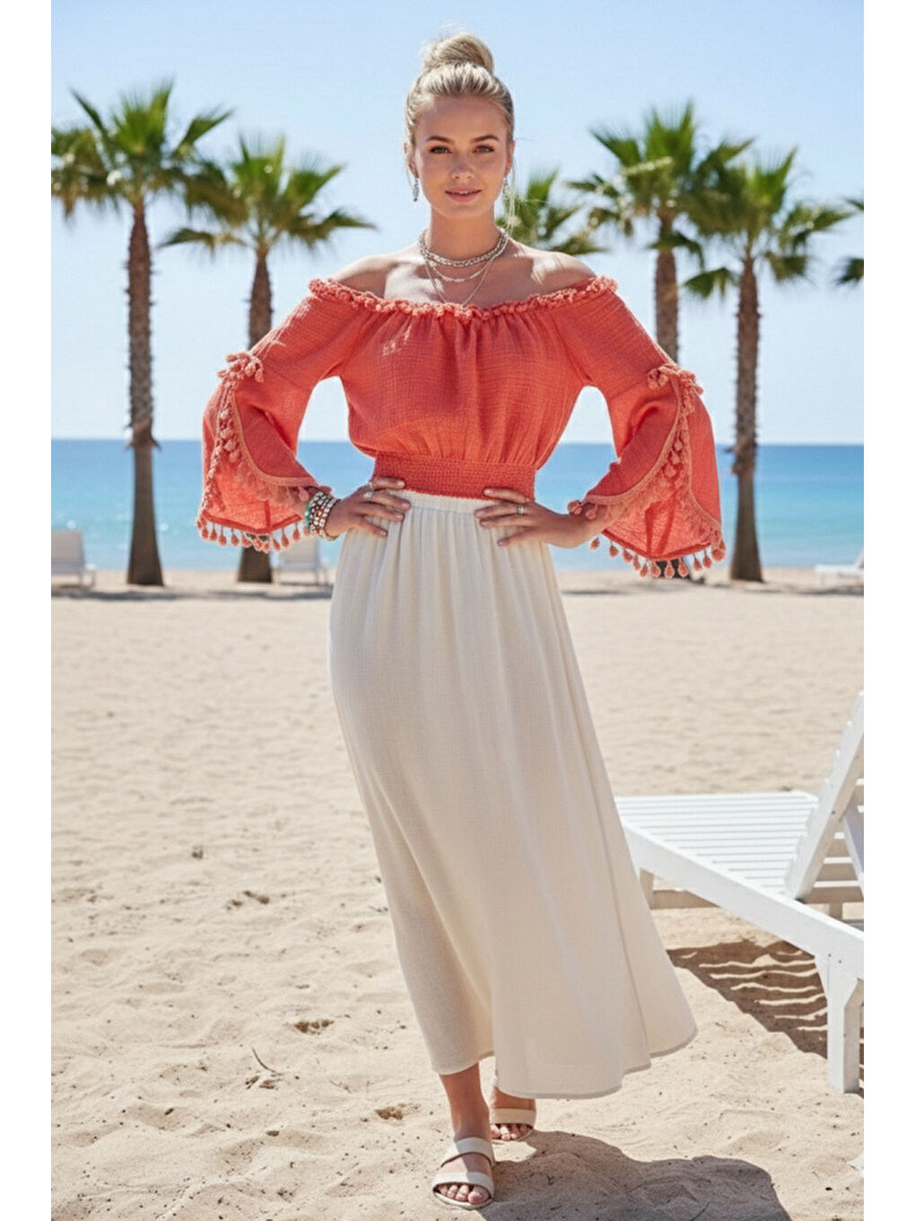 Kahverengi Mercan Carmen Yaka İspanyol Kol Püsküllü Casual Müslin Crop Dokuma Bluz 40 50-5