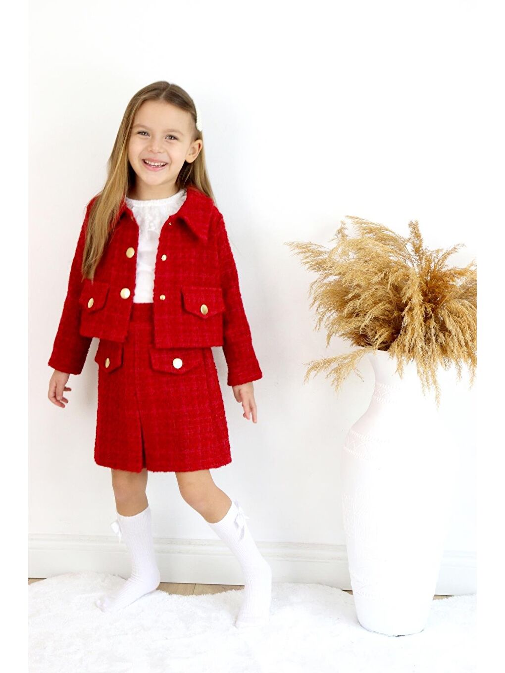 Kız Çocuk Carmen Kırmızı Tüvit Uzun Kollu Düğmeli Etek Ceket Takım-1