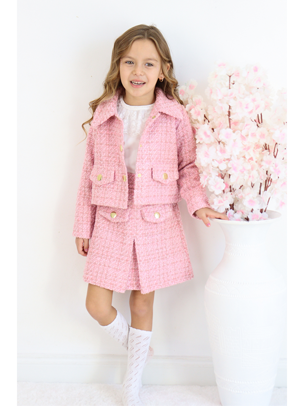 Kız Çocuk Carmen Pudra Pembe Tüvit 23 Nisan 29 Ekim Etek Ceket Yılbaşı Takım-5