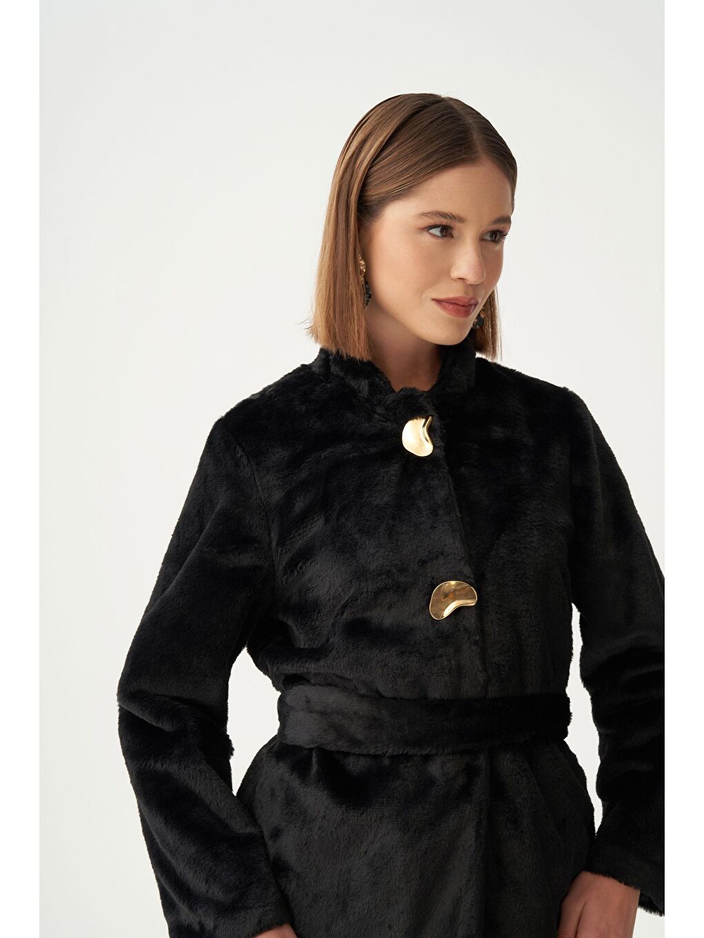 Siyah-Gold Düğmeli Kürk Kaban-3