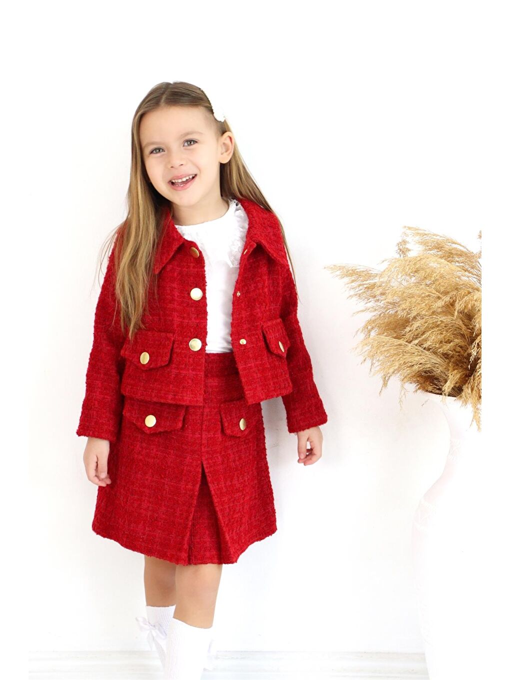 Kız Çocuk Carmen Kırmızı Tüvit Uzun Kollu Düğmeli Etek Ceket Takım-2