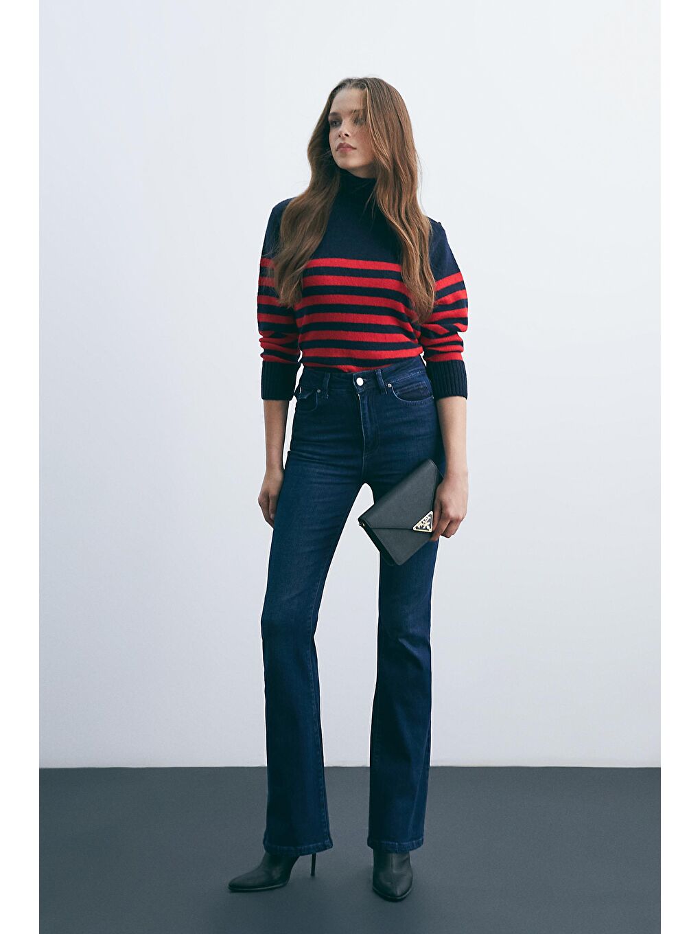 Koyu Mavi Yüksel Bel Flare Paça Jeans-2