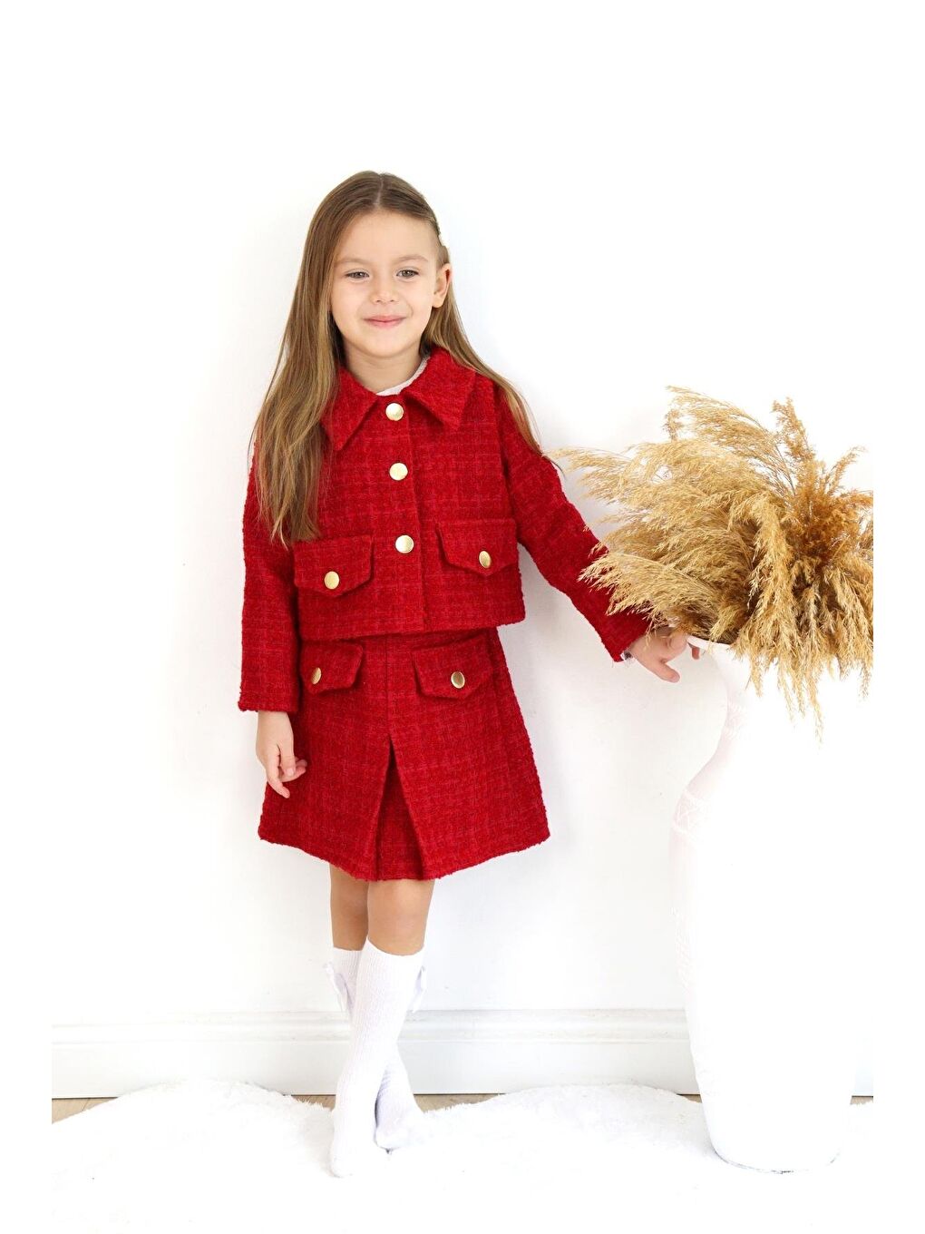 Kız Çocuk Carmen Kırmızı Tüvit Uzun Kollu Düğmeli Etek Ceket Takım-3
