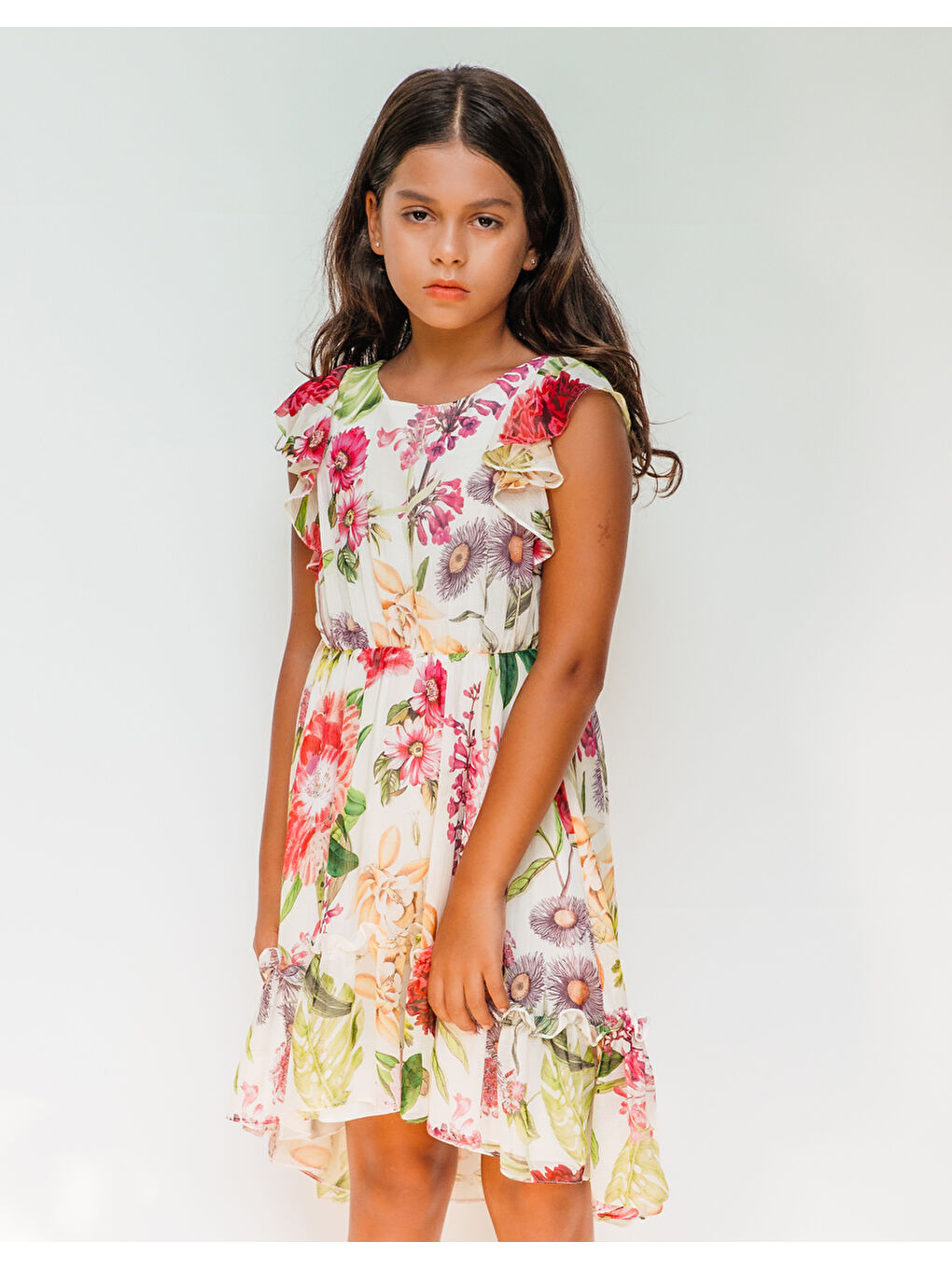 Karışık Çiçek Desenli Şifon Kız Çocuk Elbise