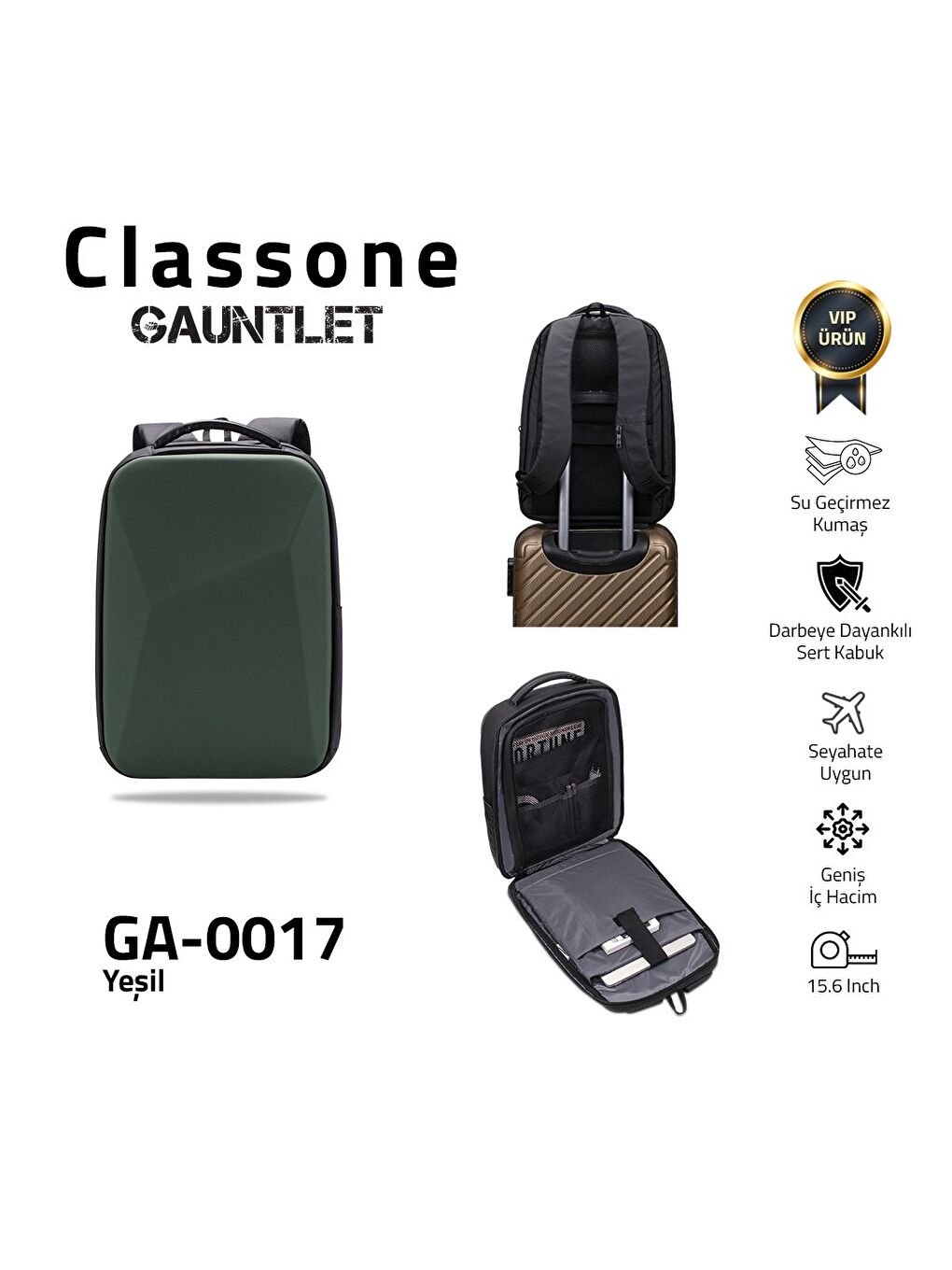 Yeşil GA-0017 Guntlet V1 Sert Kabuk Serisi 15.6 inch Uyumlu WTX Pro Su Geçirmez Kumaş Laptop Çant-6