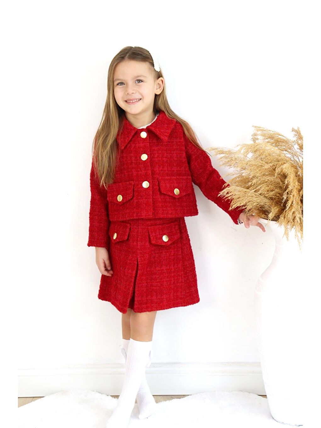 Kız Çocuk Carmen Kırmızı Tüvit Uzun Kollu Düğmeli Etek Ceket Takım-5
