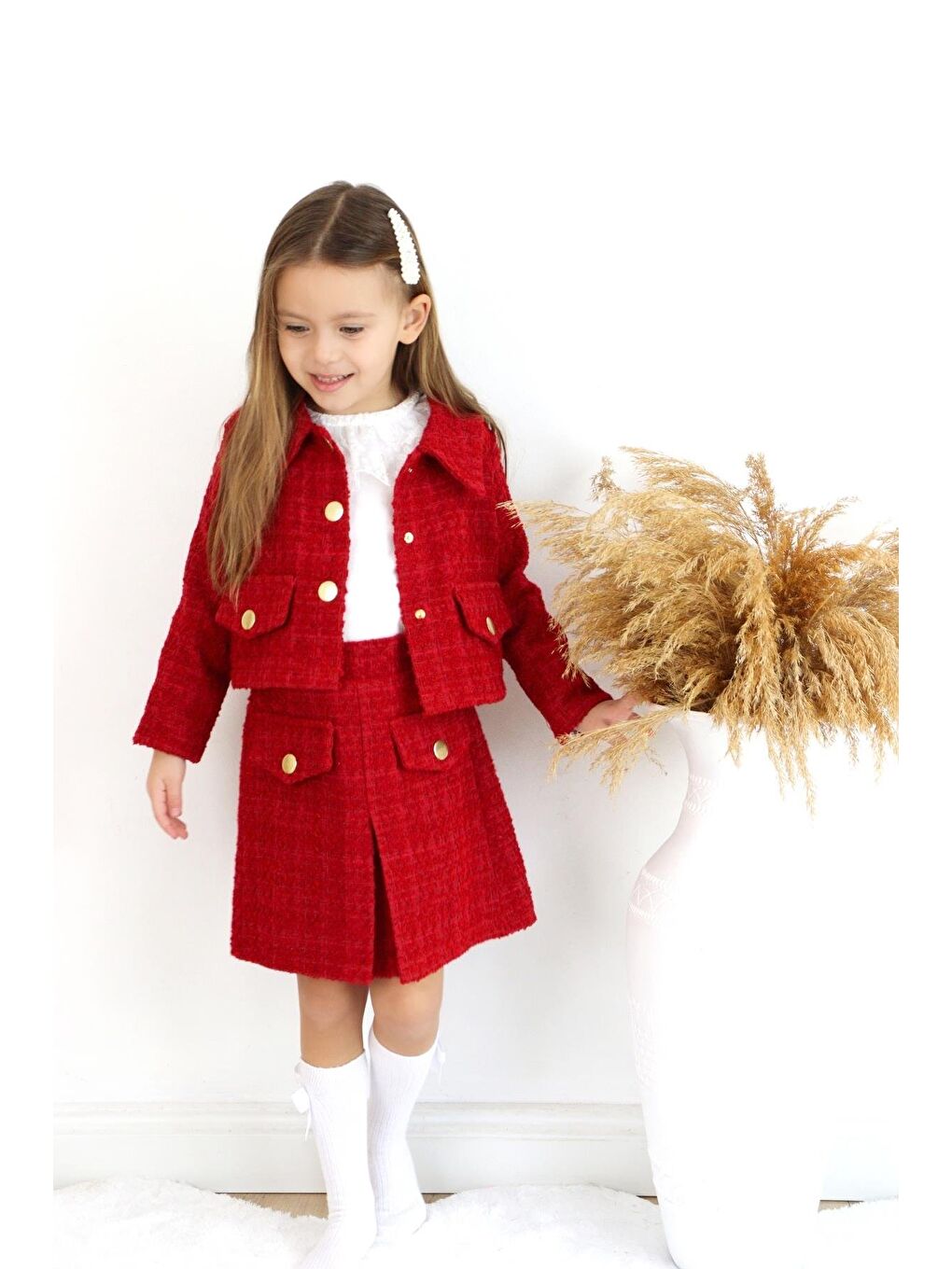 Kız Çocuk Carmen Kırmızı Tüvit Uzun Kollu Düğmeli Etek Ceket Takım-6