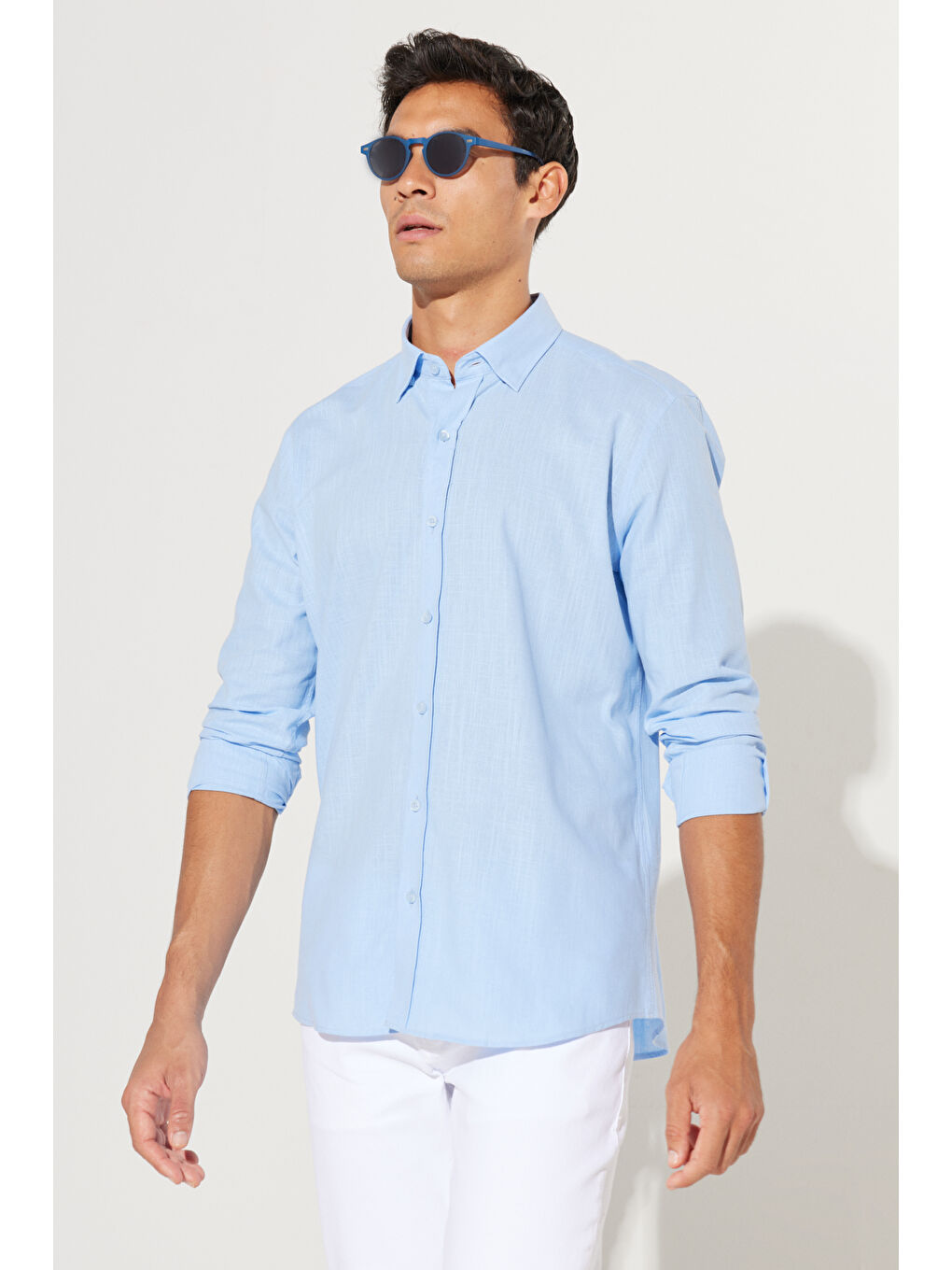 Erkek Mavi %100 Pamuk Oxford Slim Fit Dar Kesim Düğmeli Yaka Flamlı Gömlek-2