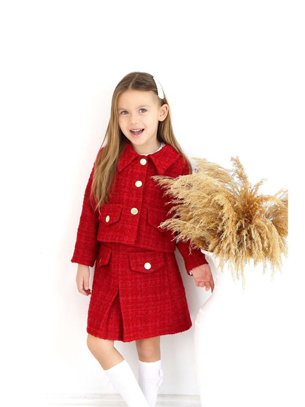 Kız Çocuk Carmen Kırmızı Tüvit Uzun Kollu Düğmeli Etek Ceket Takım-7
