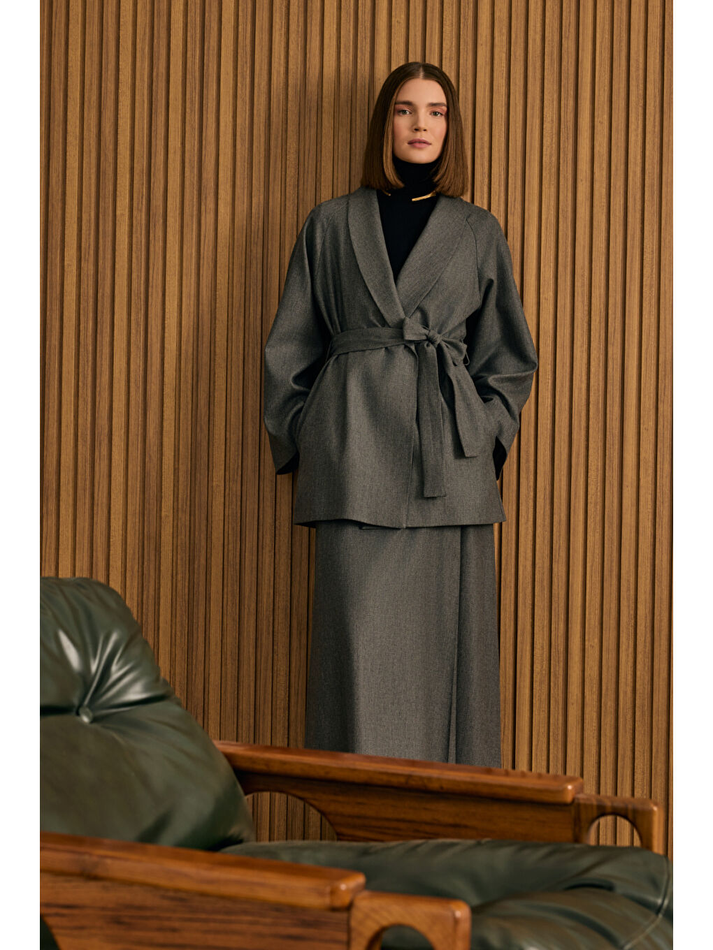 Antrasit Şal Yaka Seyyar Kuşaklı Ceket-1