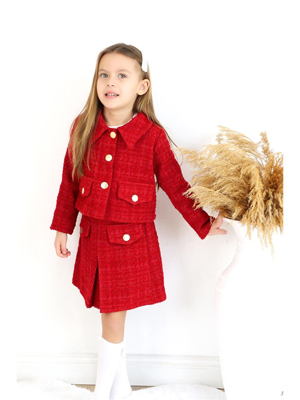 Kız Çocuk Carmen Kırmızı Tüvit Uzun Kollu Düğmeli Etek Ceket Takım-8