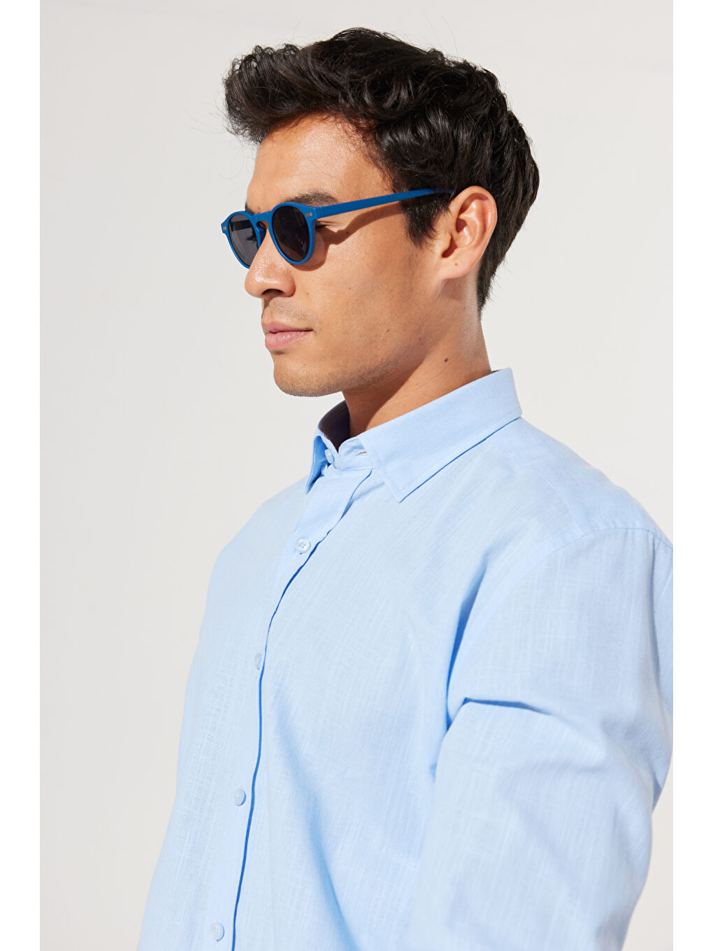 Erkek Mavi %100 Pamuk Oxford Slim Fit Dar Kesim Düğmeli Yaka Flamlı Gömlek-3