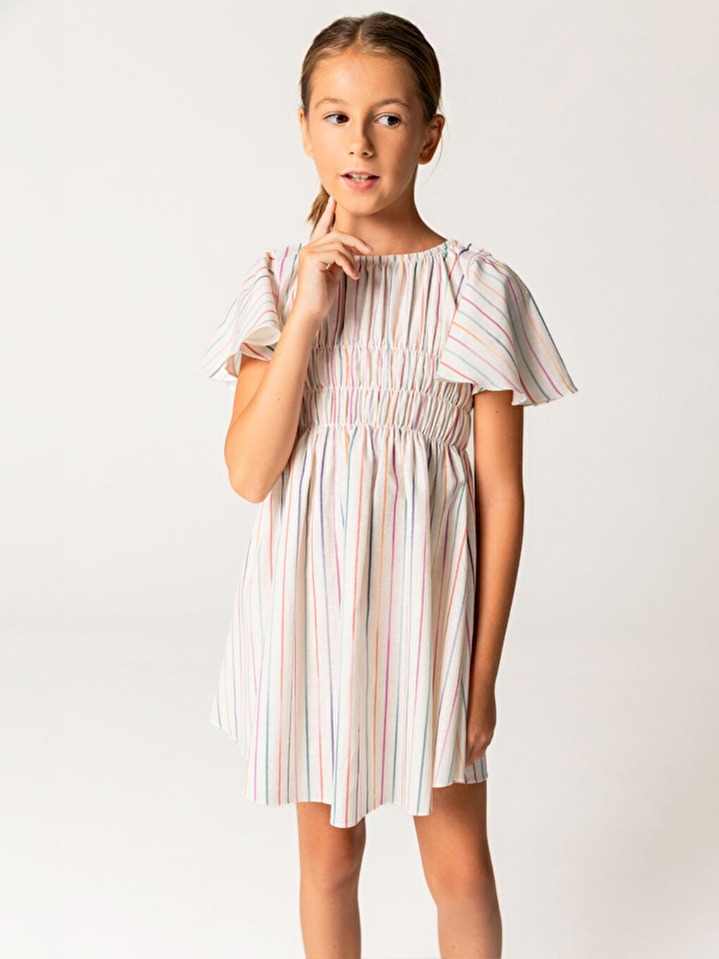 Bej Yarım Kollu Çizgili Pamuklu Kız Çocuk Elbise