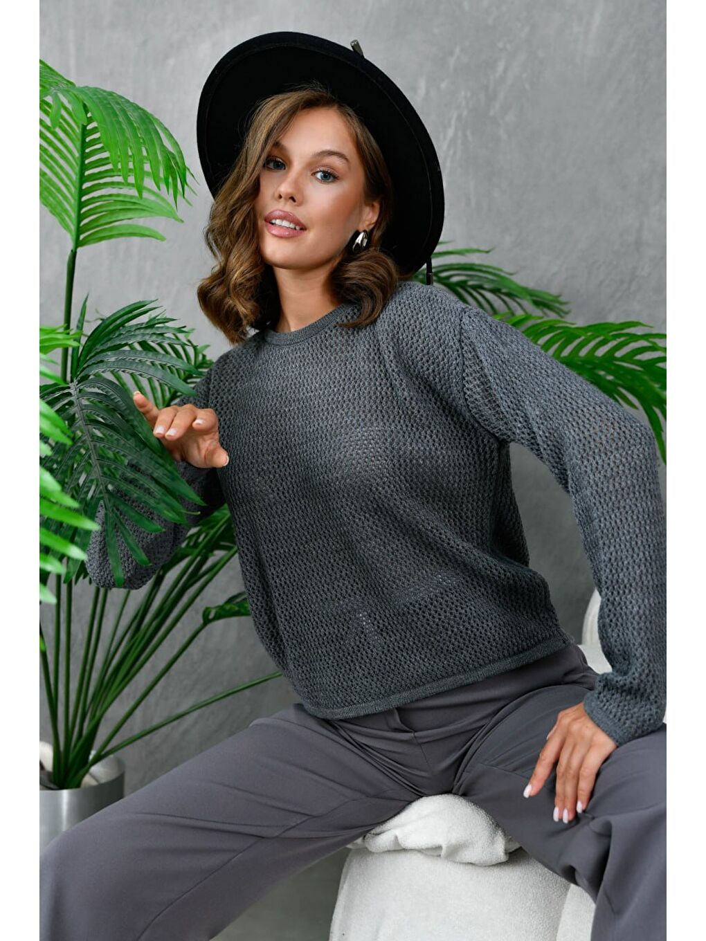 Gri Kadın Bisiklet Yaka File Dokulu Triko Bluz