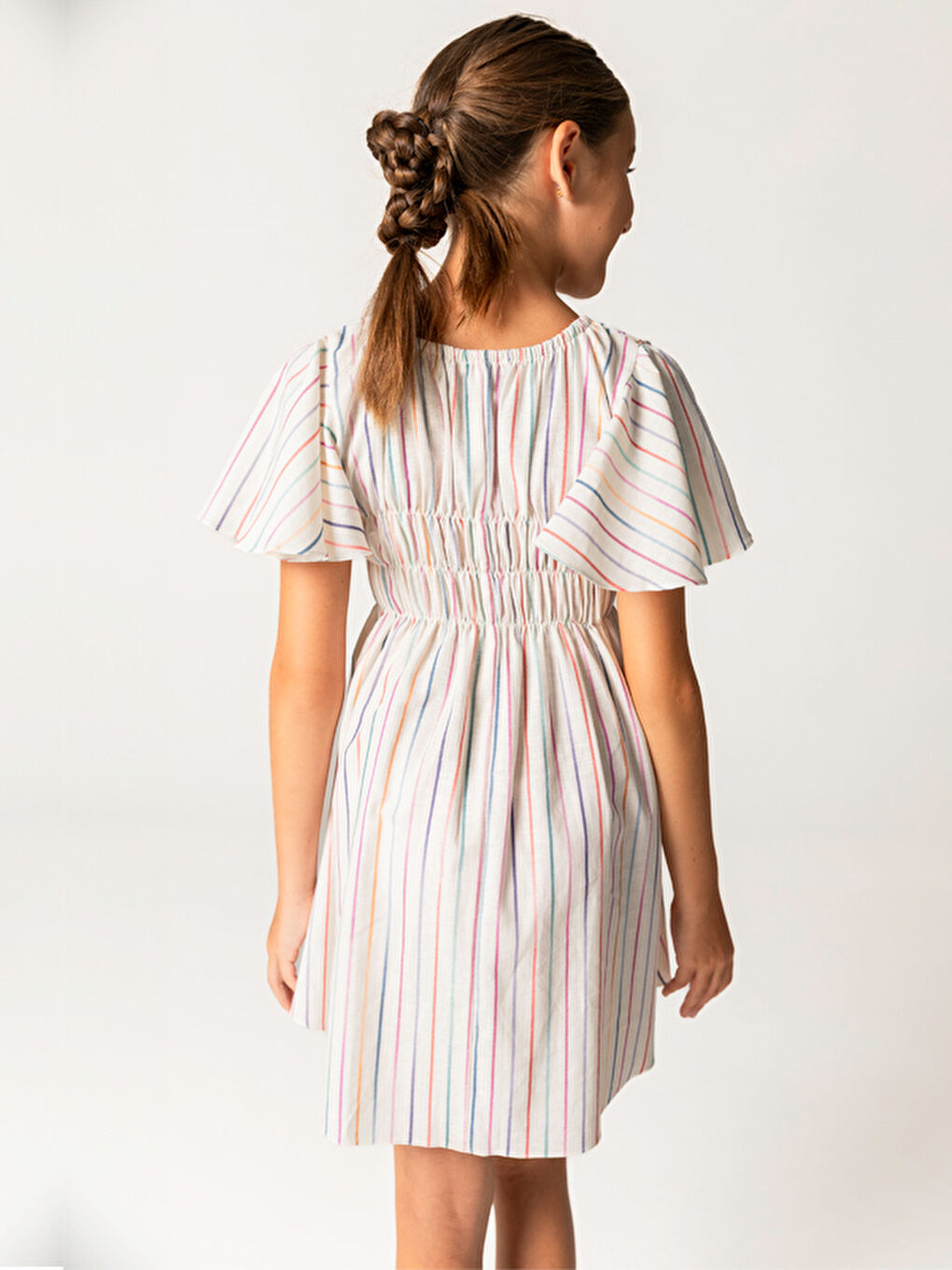 Bej Yarım Kollu Çizgili Pamuklu Kız Çocuk Elbise-1