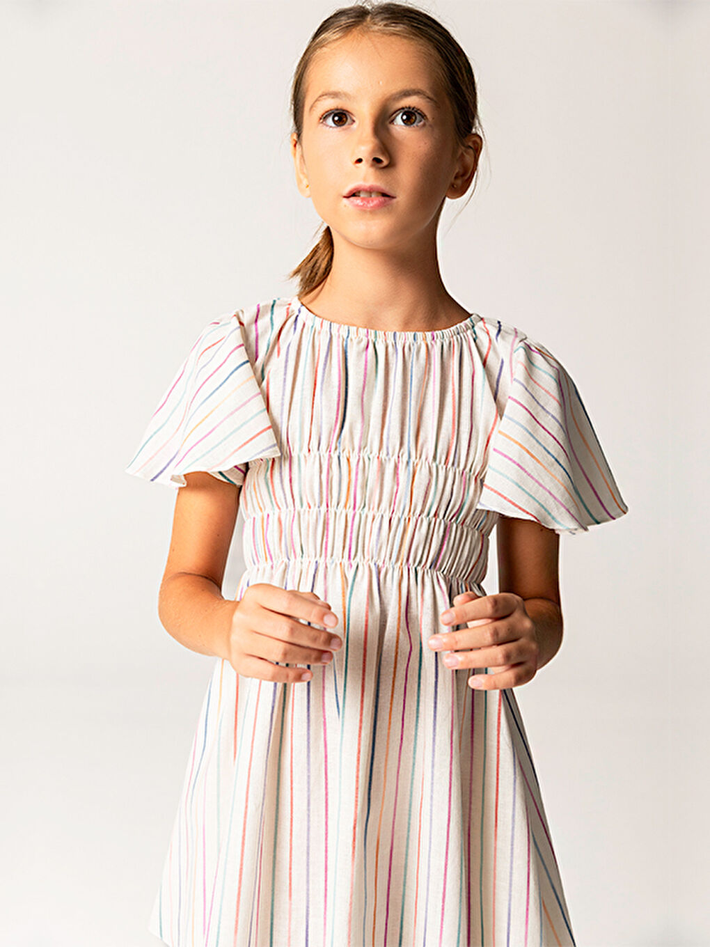Bej Yarım Kollu Çizgili Pamuklu Kız Çocuk Elbise-2