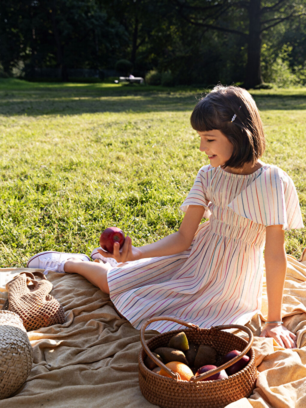 Bej Yarım Kollu Çizgili Pamuklu Kız Çocuk Elbise-3