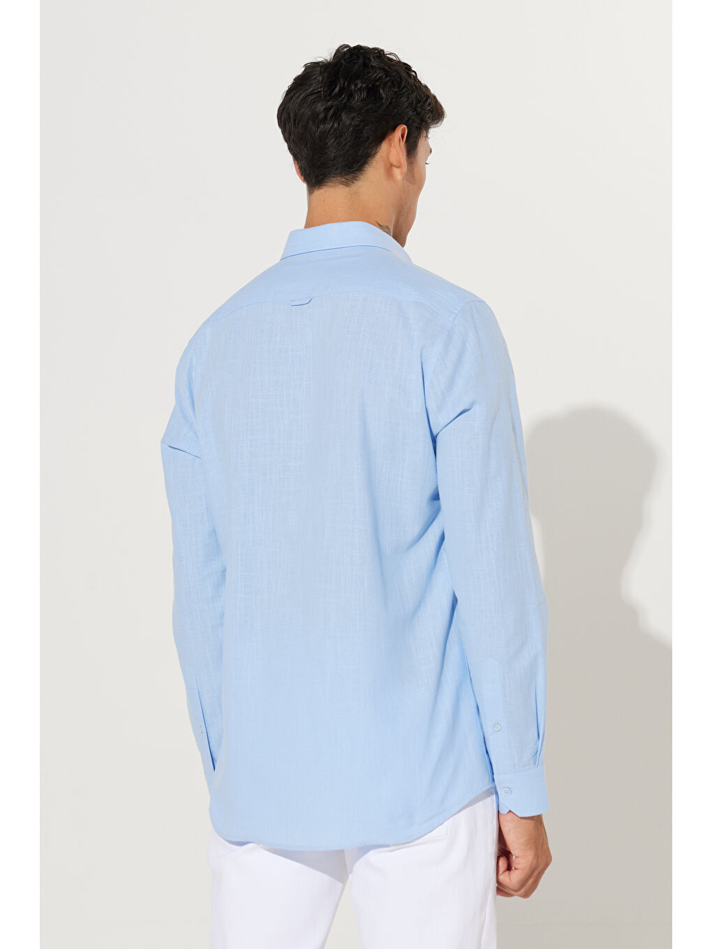 Erkek Mavi %100 Pamuk Oxford Slim Fit Dar Kesim Düğmeli Yaka Flamlı Gömlek-6