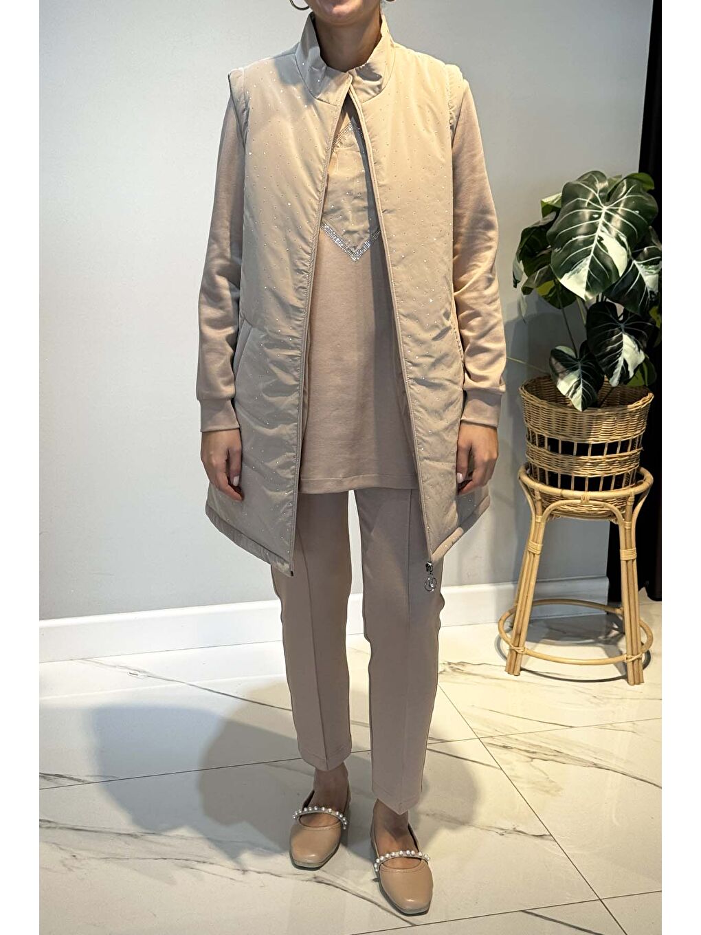 Taş Detay Kapitone Yelekli 3'lü Takım 25143 Bej-1