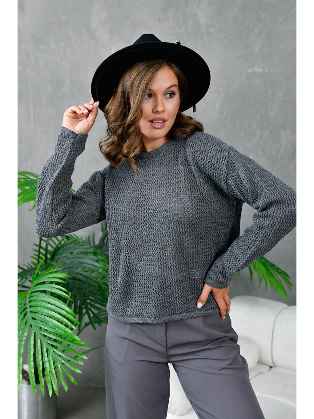 Gri Kadın Bisiklet Yaka File Dokulu Triko Bluz-1