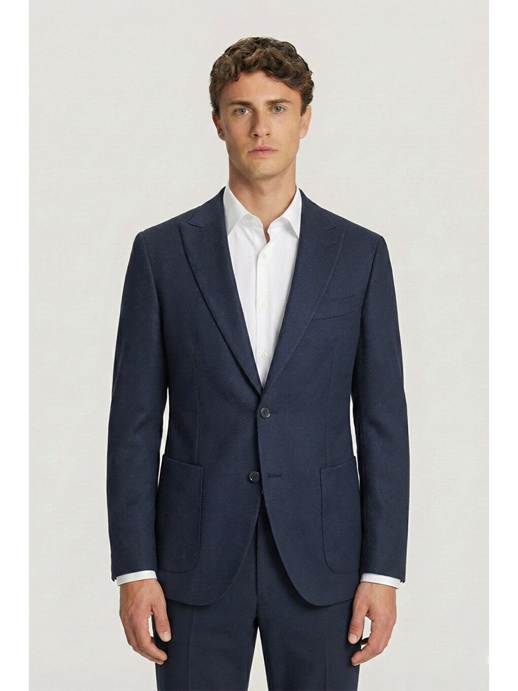 Erkek Koyu Lacivert Slim Fit Sivri Yaka Diyagonal Desenli 6 Drop Tam Astarlı Takım Elbise