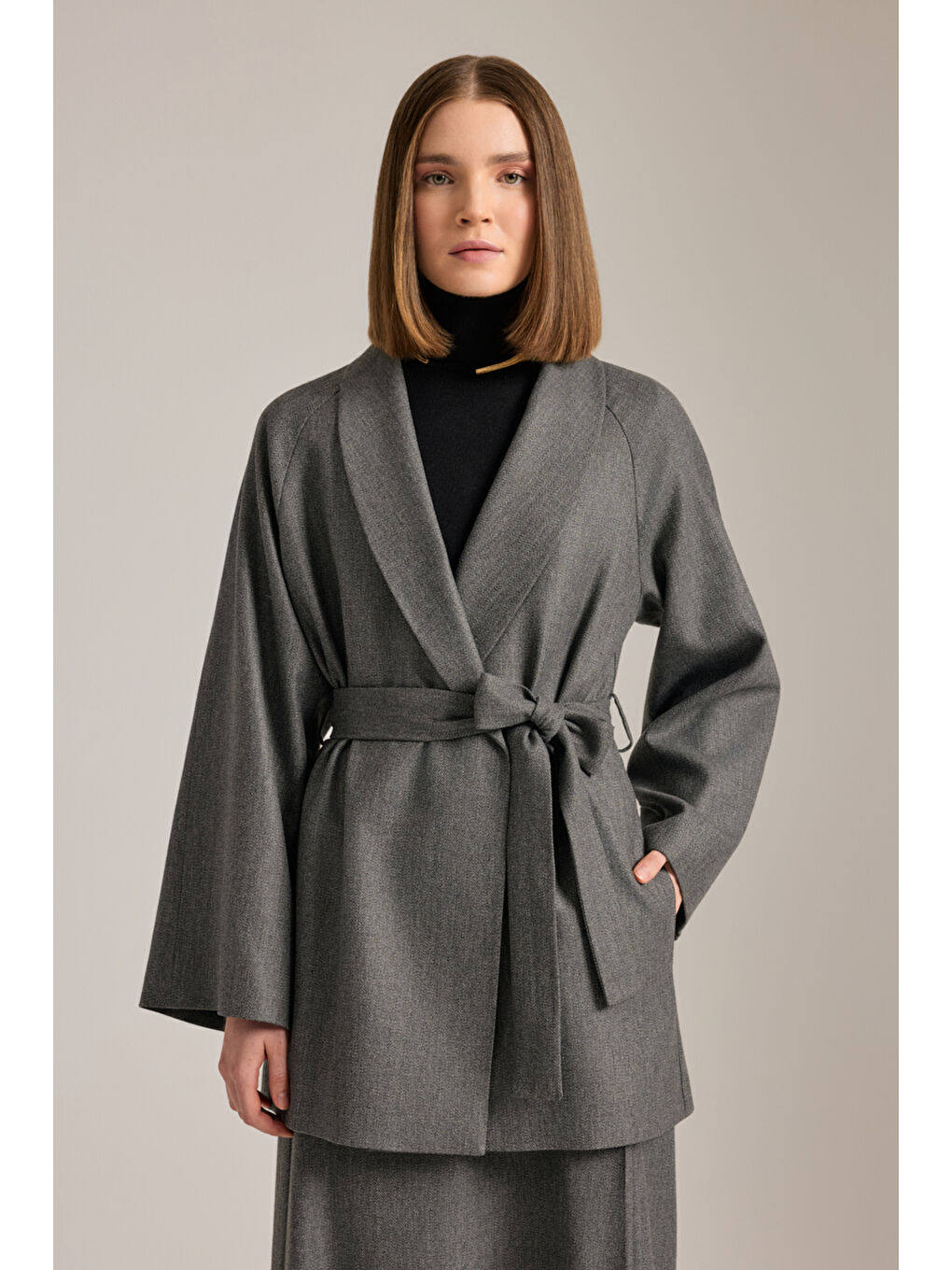 Antrasit Şal Yaka Seyyar Kuşaklı Ceket-3