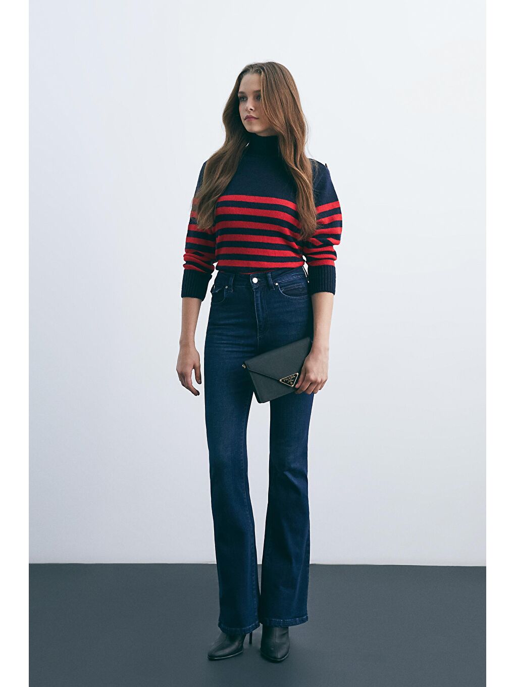 Koyu Mavi Yüksel Bel Flare Paça Jeans-3