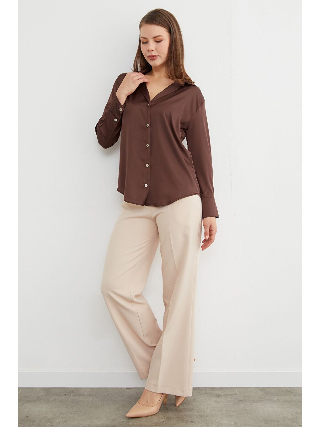 Kahverengi Basic Saten Gömlek-2
