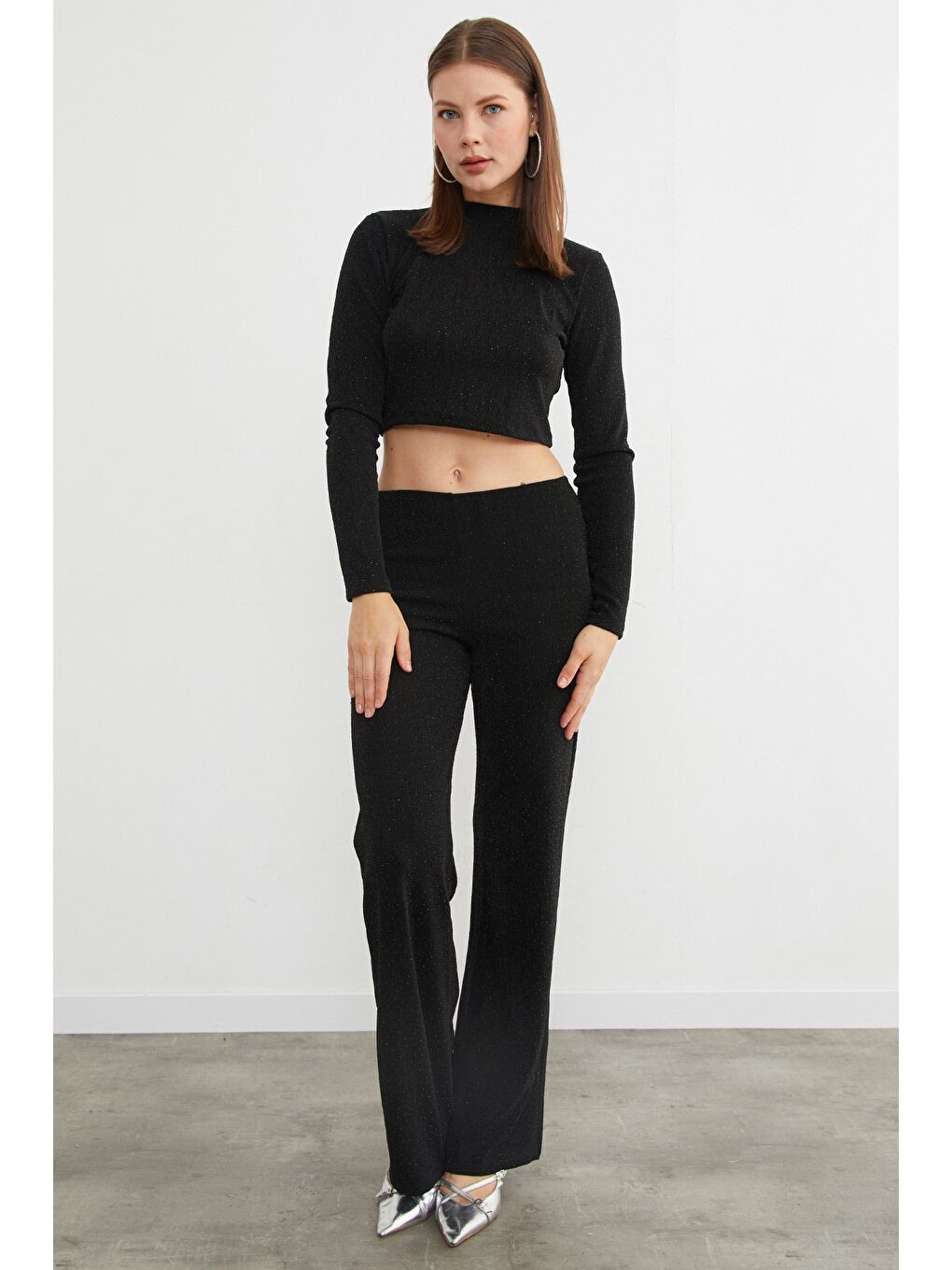 Siyah Beli Lastikli Taşlı Ve Simli Palazzo Pantolon