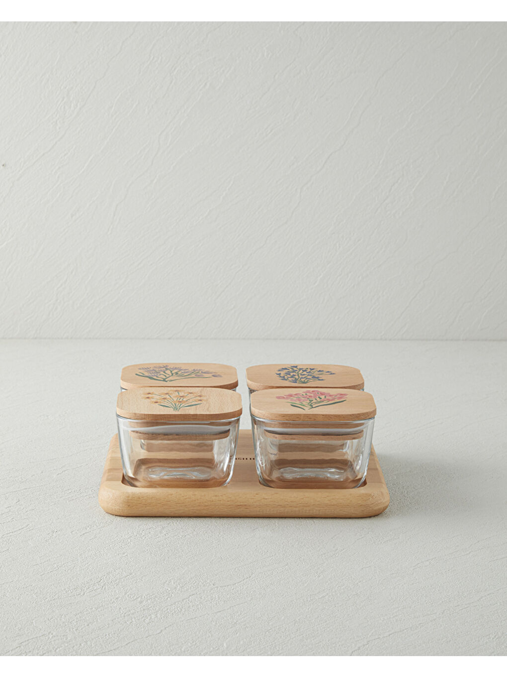 Bej Ricco Cam Ahşap Kapaklı 4 Bölmeli Kahvaltılık 21x21 cm Renkli