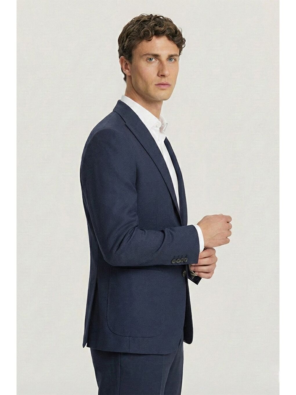 Erkek Koyu Lacivert Slim Fit Sivri Yaka Diyagonal Desenli 6 Drop Tam Astarlı Takım Elbise-2