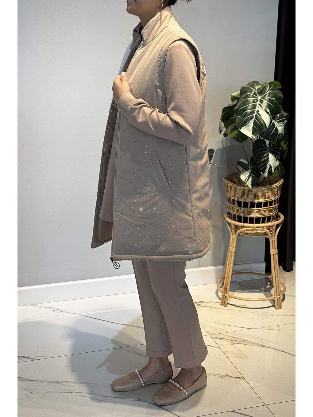 Taş Detay Kapitone Yelekli 3'lü Takım 25143 Bej-2