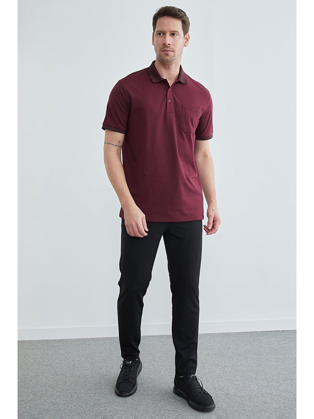 Mürdüm Düğmeli Tek Cepli Polo Yaka Tişört-2