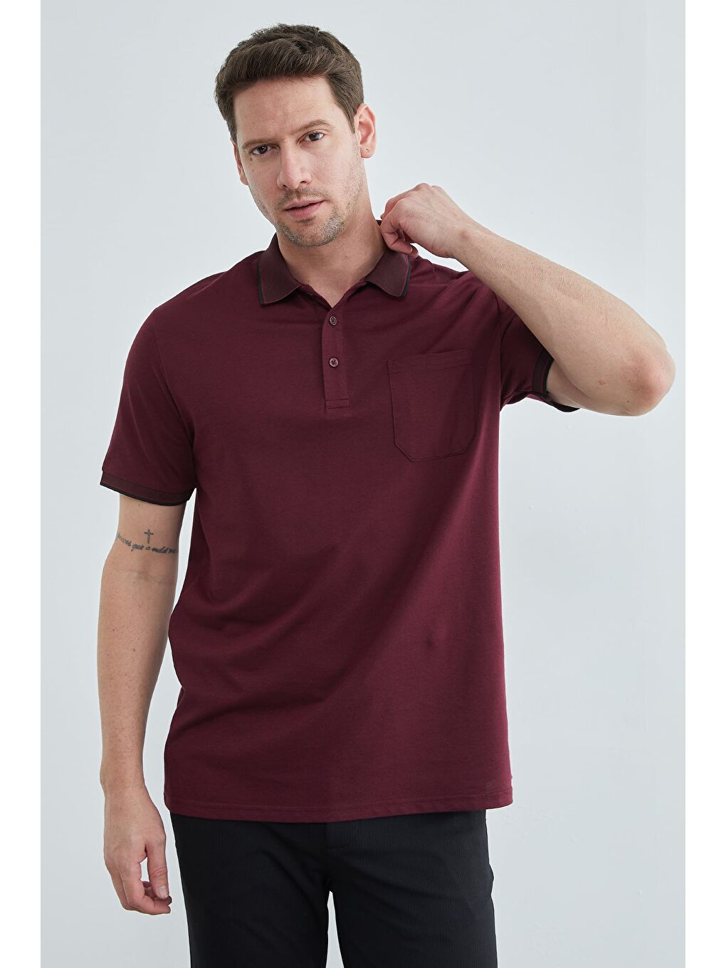 Mürdüm Düğmeli Tek Cepli Polo Yaka Tişört-3