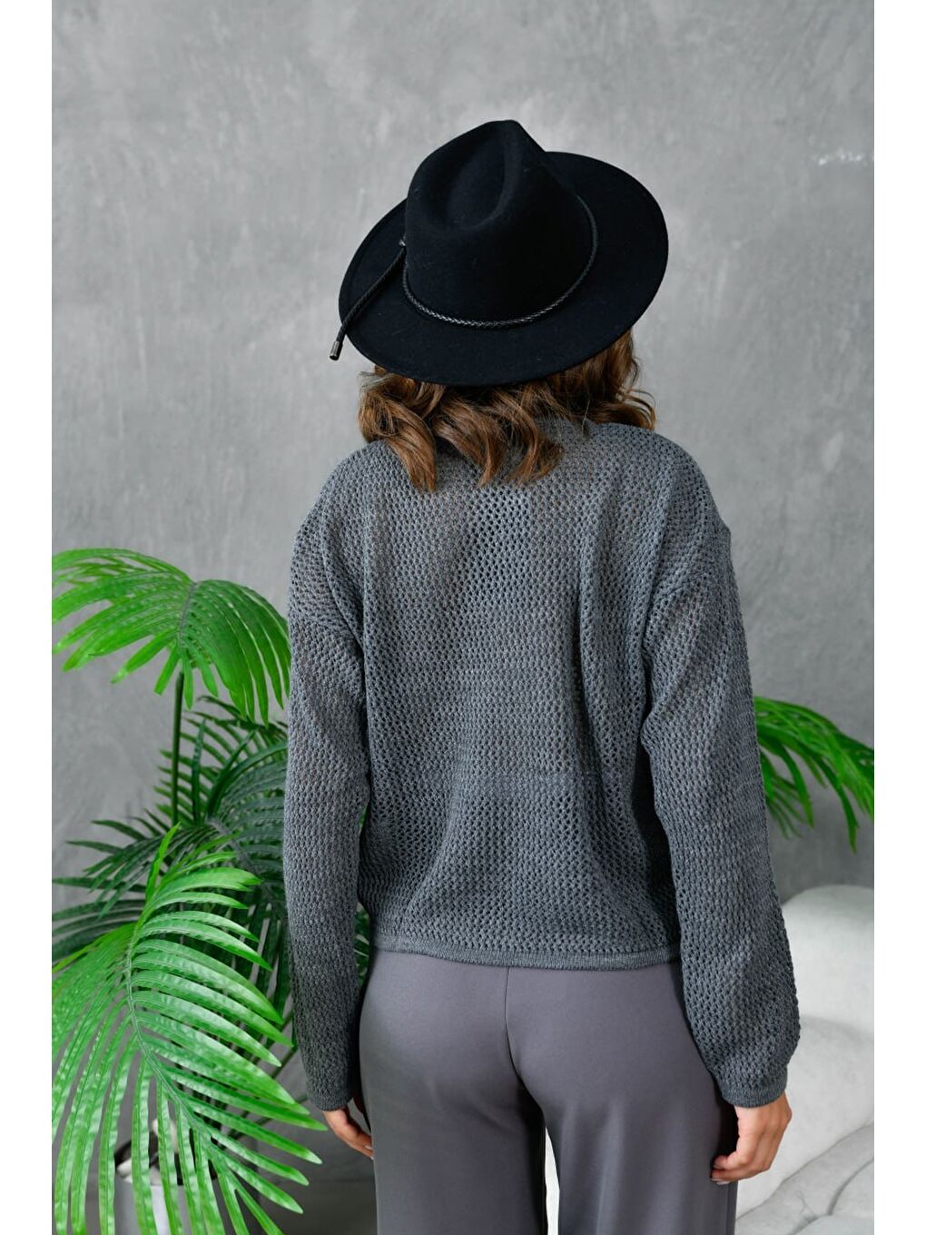 Gri Kadın Bisiklet Yaka File Dokulu Triko Bluz-2