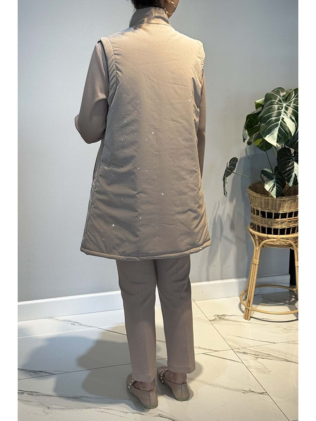 Taş Detay Kapitone Yelekli 3'lü Takım 25143 Bej-3