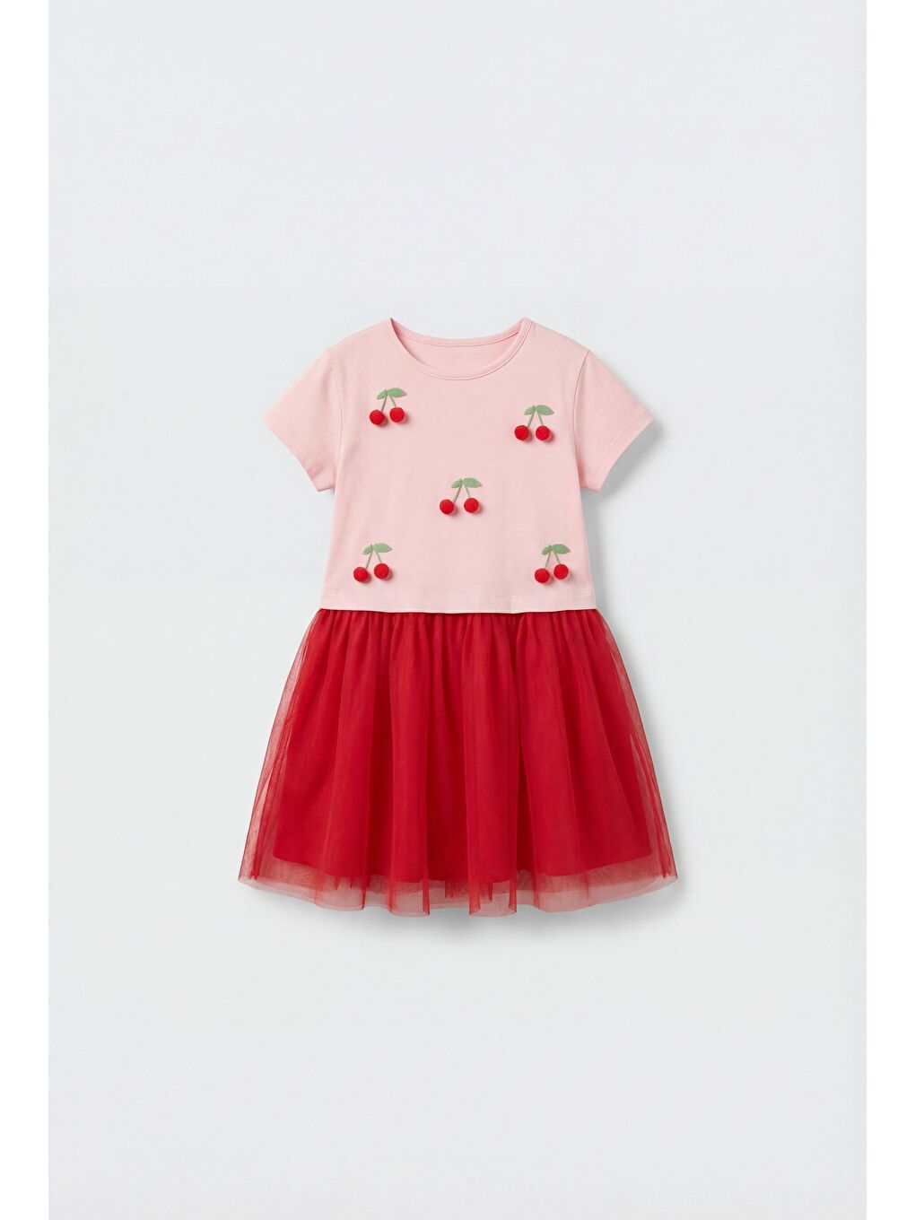 Kız Çocuk Pamuklu Pembe Kiraz Aplikeli Tül Elbise