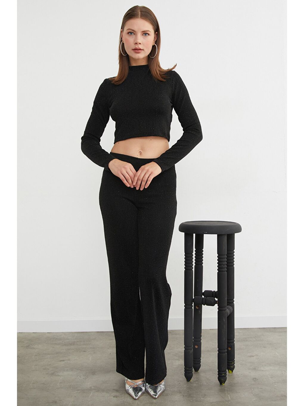 Siyah Beli Lastikli Taşlı Ve Simli Palazzo Pantolon-1