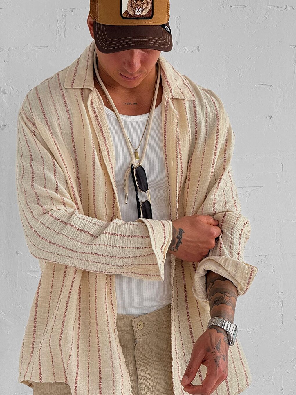 Erkek Oversize Pamuklu Yumuşak Dokulu Çizgili Gömlek Kırmızı Bej-1