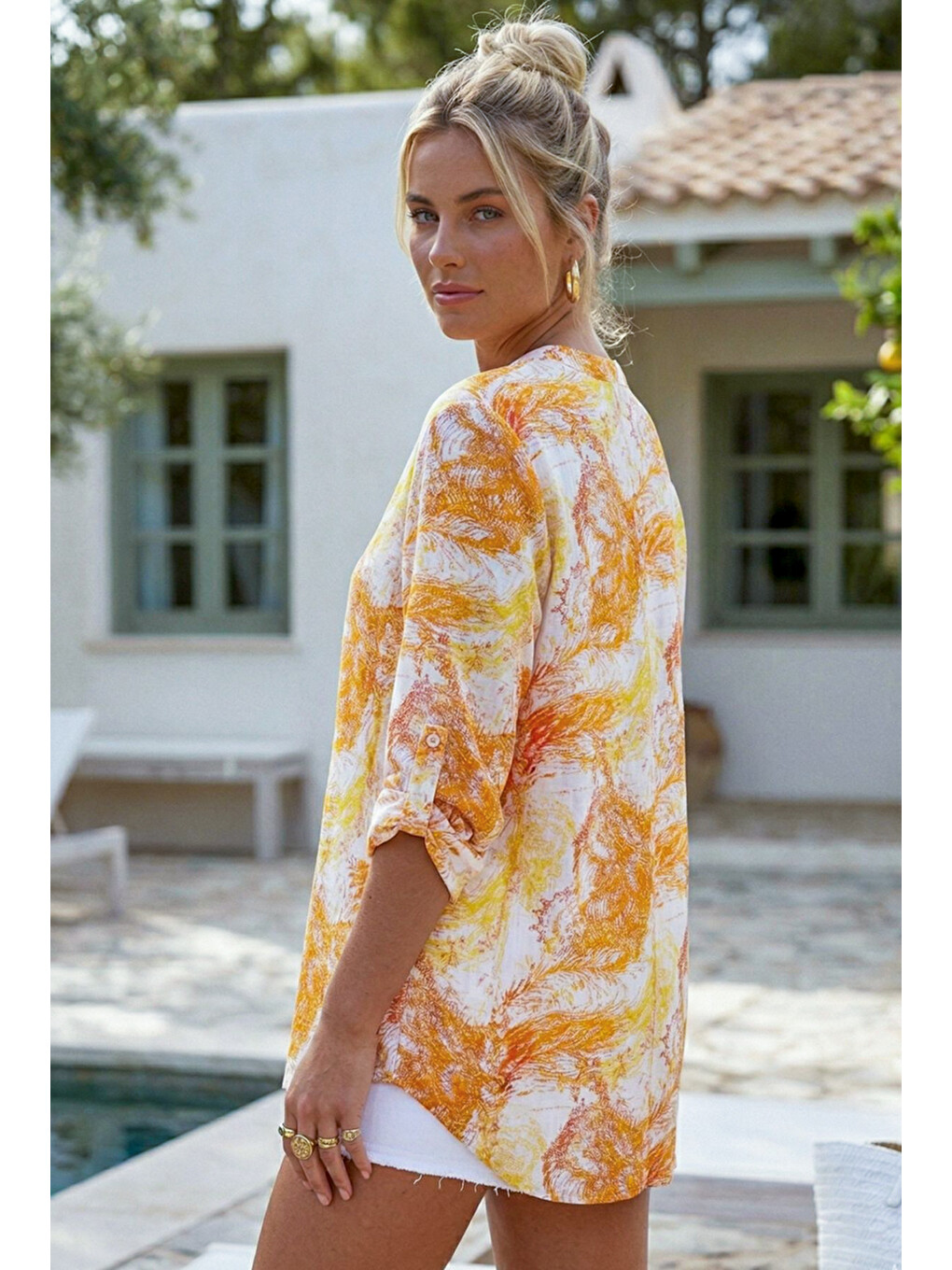 Turuncu-Beyaz Hakim Yaka Düğmeli 3/4 Kol Yırtmaçlı Casual Pamuklu Oversize Dokuma Gömlek 73 60-4