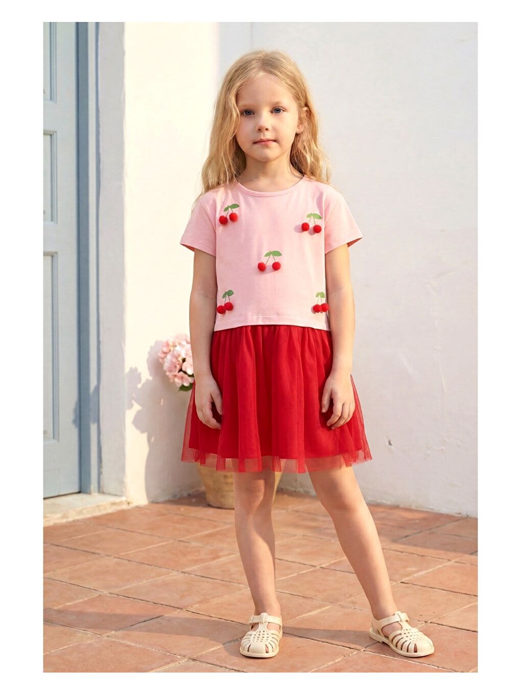 Kız Çocuk Pamuklu Pembe Kiraz Aplikeli Tül Elbise-1