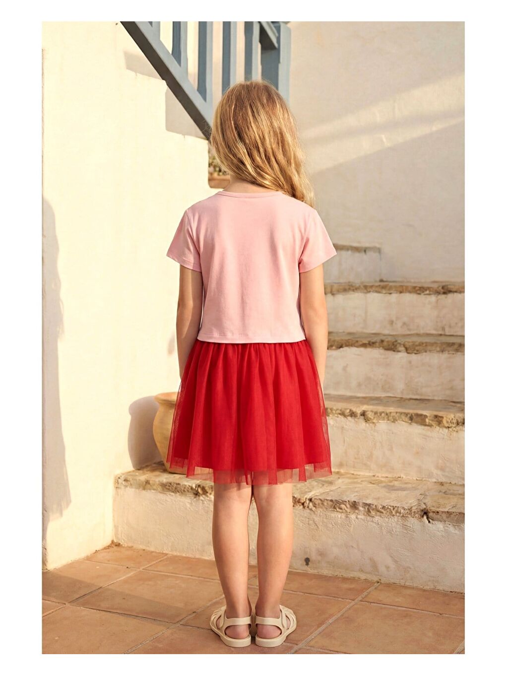 Kız Çocuk Pamuklu Pembe Kiraz Aplikeli Tül Elbise-2