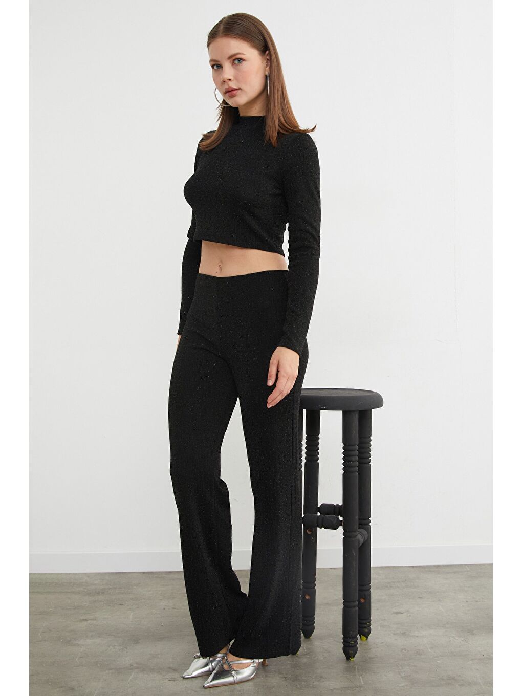 Siyah Beli Lastikli Taşlı Ve Simli Palazzo Pantolon-2