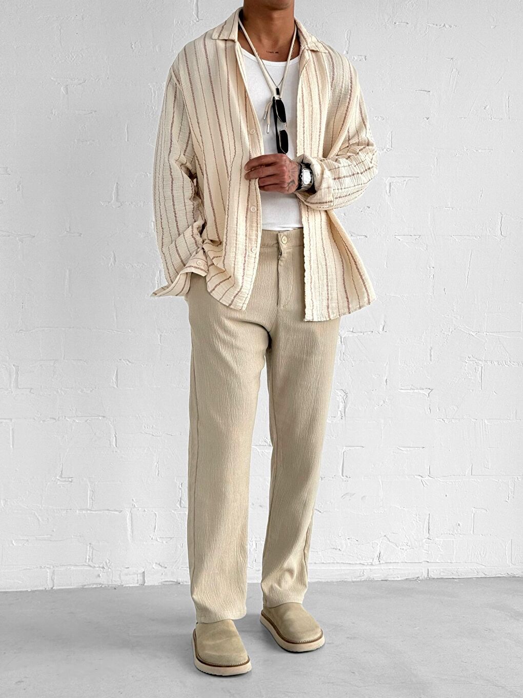 Erkek Oversize Pamuklu Yumuşak Dokulu Çizgili Gömlek Kırmızı Bej-2